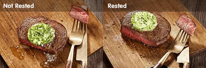 Comparison of steak not rested versus rested to illustrate information redistribution