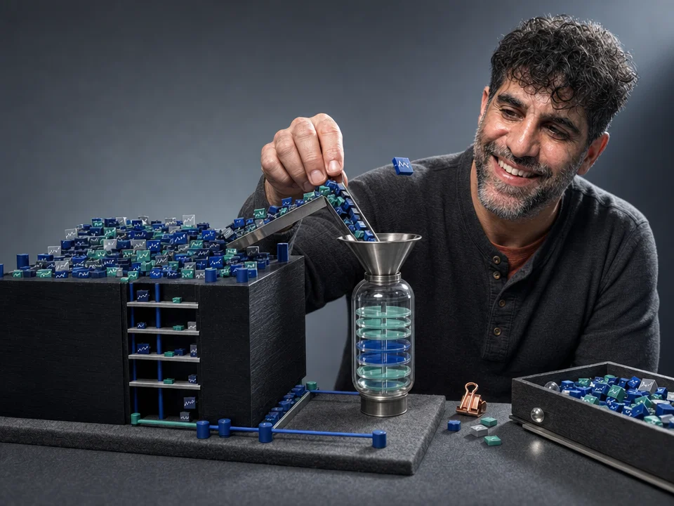 איור מערכתי למאמר „Deep Learning ושוק ההון“: משטח שוק צפוף נדחס לכלי זיכרון קטן שנושא דפוסים קדימה בזמן ומאזן בין סקרנות לאי־הוודאות שבחיזוי.