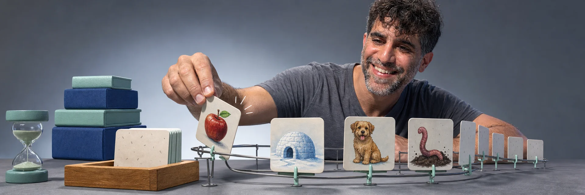Editorial illustration for „The AI-Powered 10-Minute Habit That Taught My Kid to Read (And Made Me a Better Dad)“: A parent and child building a short daily reading ritual from playful image cards, with steady progression shown through physical rhythm rather than charts or interfaces.