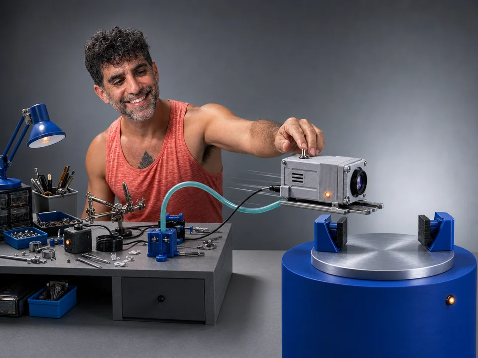Editorial illustration for „I Needed One Obscure Vision Model. Modal Made It Everyone Else’s Problem.“: An obscure vision machine lifted out of a tangled workshop and placed onto a clean remote GPU pedestal, turning a burdensome dependency into an invisible service.