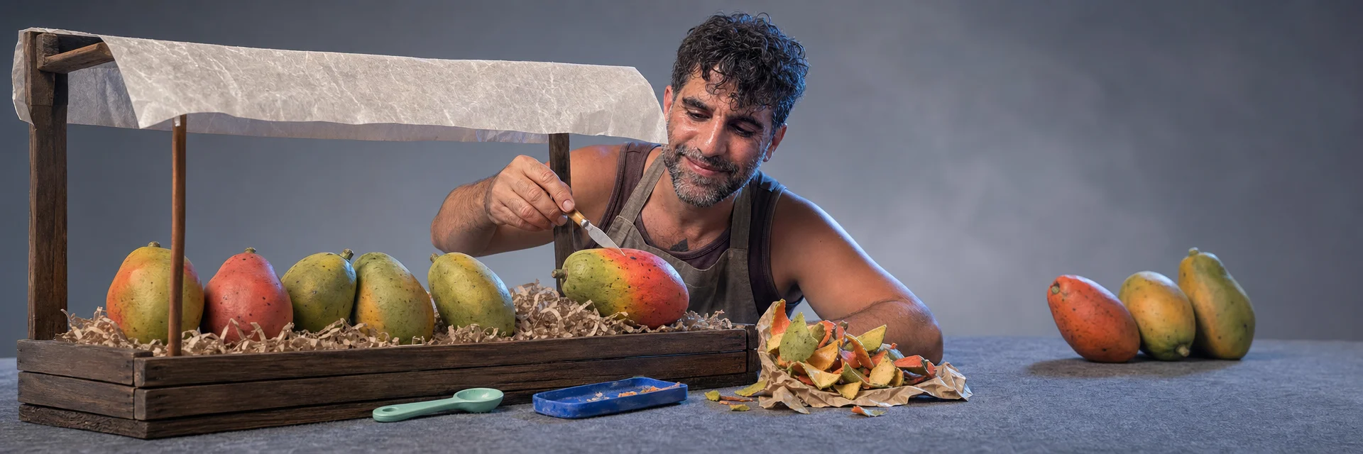 Editorial illustration for „Active Learning: Optimization Is Not Improvement“: A papaya taster repeatedly sampling the most ambiguous fruit while the neglected market remains unevenly understood, separating optimization from real improvement.