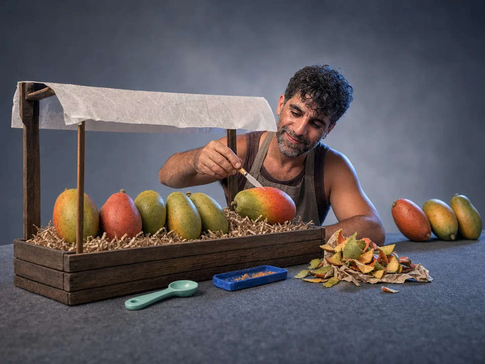 Editorial illustration for „Active Learning: Optimization Is Not Improvement“: A papaya taster repeatedly sampling the most ambiguous fruit while the neglected market remains unevenly understood, separating optimization from real improvement.