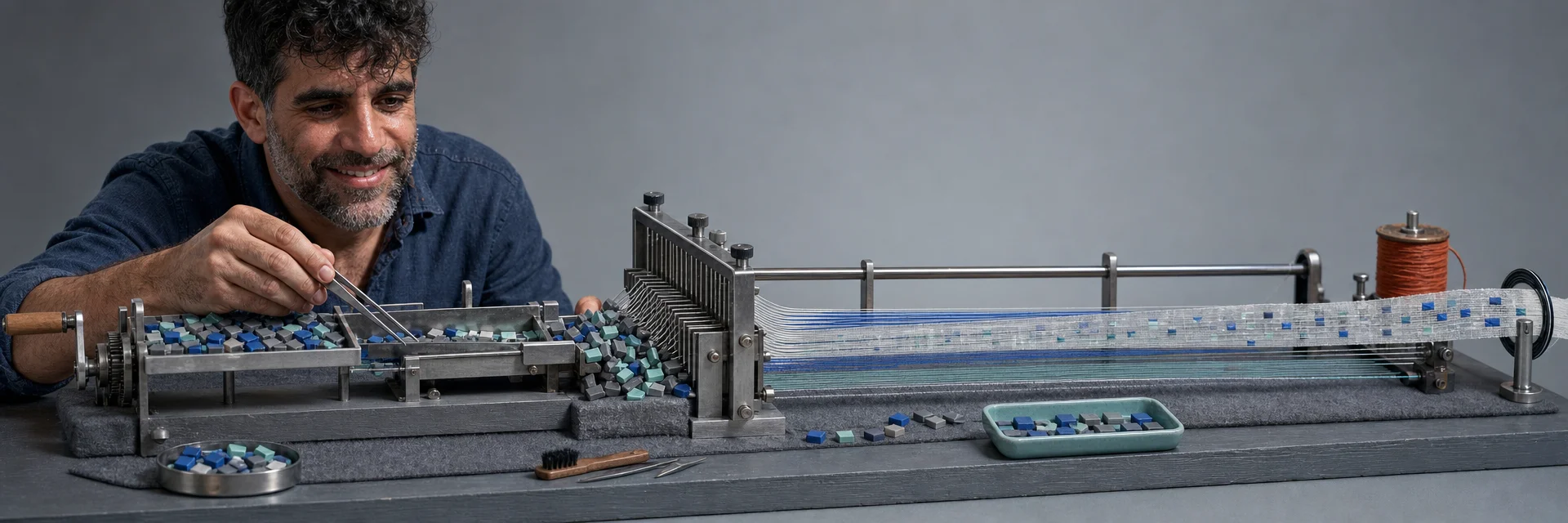 Editorial illustration for „Character-Level NLP“: Individual letterforms moving through a long mechanical loom and emerging as semantic fabric, showing the power and cost of character-level processing without embedded text.
