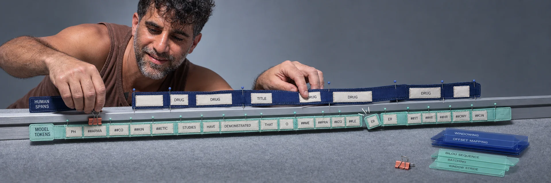 Editorial illustration for „Code to Align Annotations with Hugging Face Tokenizers“: Two differently spaced physical ribbons—human spans and machine tokens—being precisely pinned to a shared coordinate rail, editorial rather than instructional.
