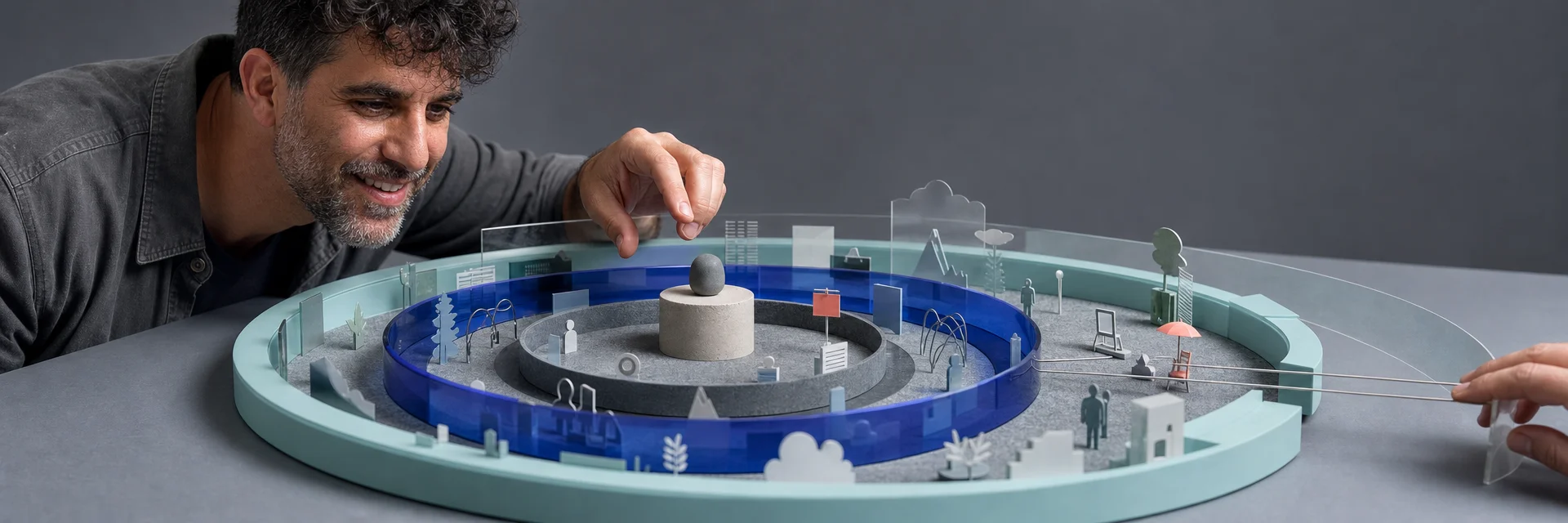 Editorial illustration for „Context Is King! Why Deep Learning Matters for NLP“: One ambiguous object changes meaning as concentric scenes reveal progressively wider context, with a single strong center and no factual labels.