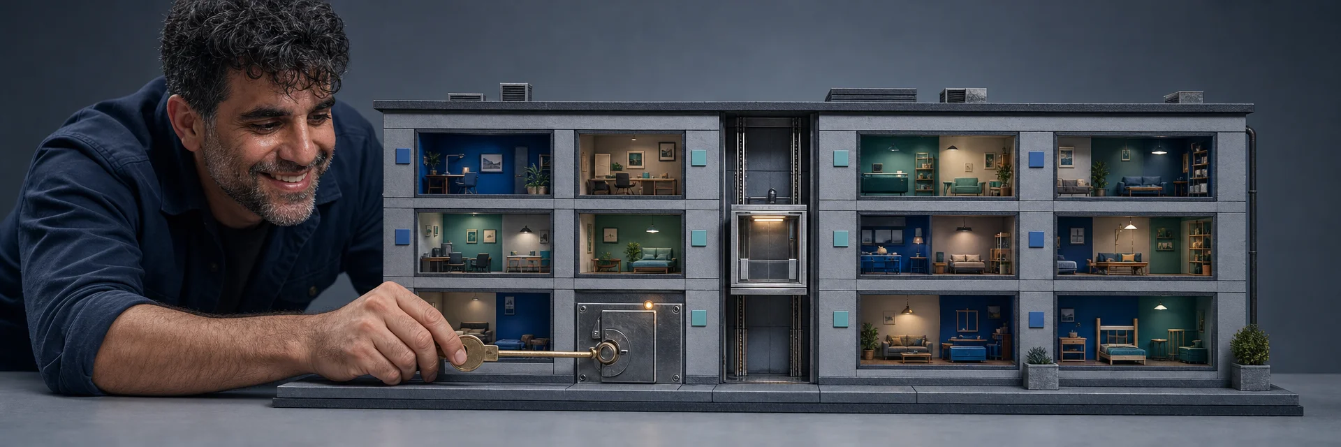 Editorial illustration for „Database Multi-Tenancy for SaaS“: A shared apartment block whose tenants each have a clearly isolated interior behind one maintained facade, expressing schema isolation with domestic precision.