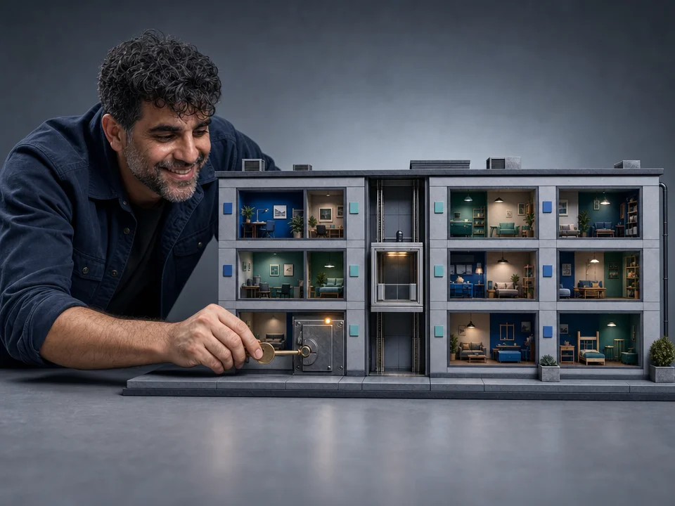 Editorial illustration for „Database Multi-Tenancy for SaaS“: A shared apartment block whose tenants each have a clearly isolated interior behind one maintained facade, expressing schema isolation with domestic precision.