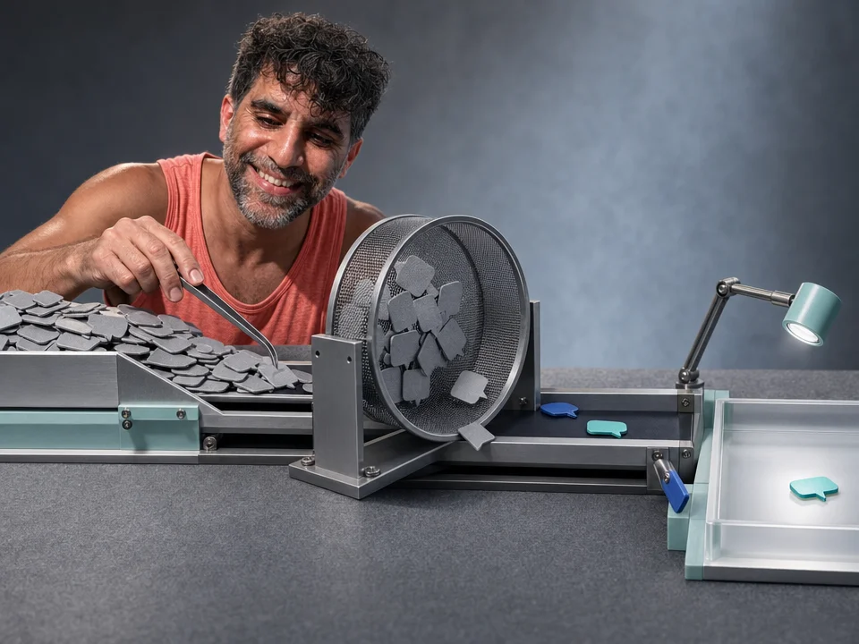 Editorial illustration for „Efficiently Labeling Data for NLP“: A labeling workbench that removes repeated, low-value material before a small set of useful specimens reaches the annotator, emphasizing leverage over volume.