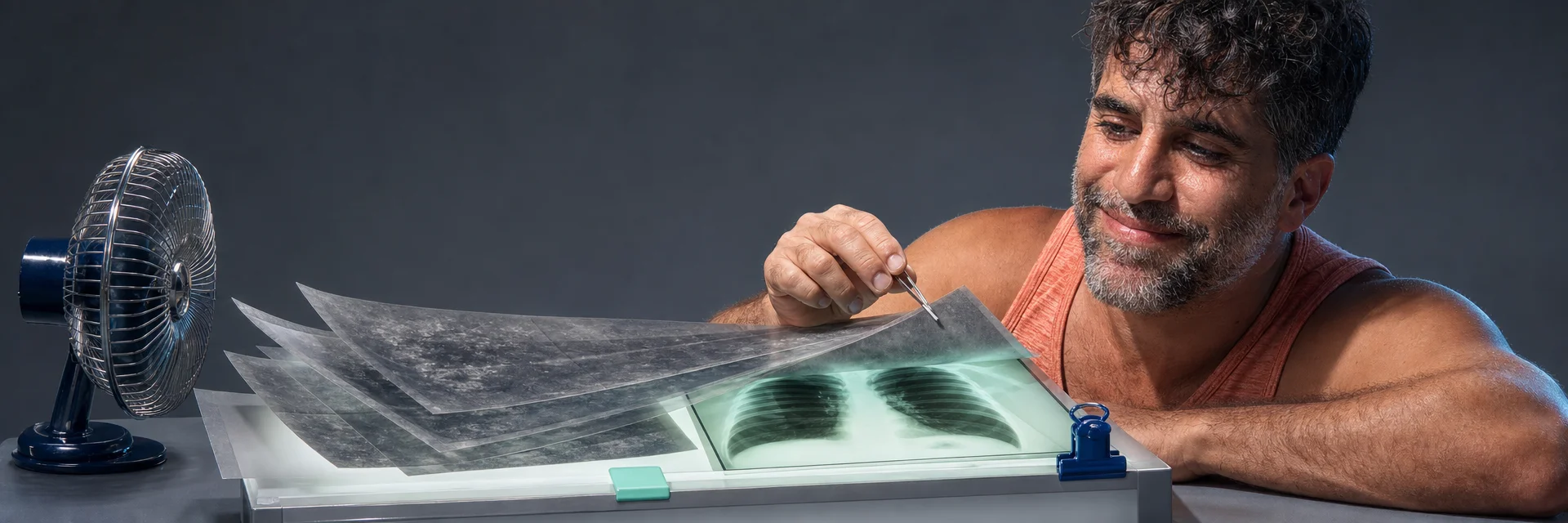 Editorial illustration for „Embrace the Noise: A Case Study of Text Annotation for Medical Imaging“: A radiologist-like observer extracting one reliable signal from layered translucent, noisy chest-film textures; expressive editorial art, not a medical infographic.