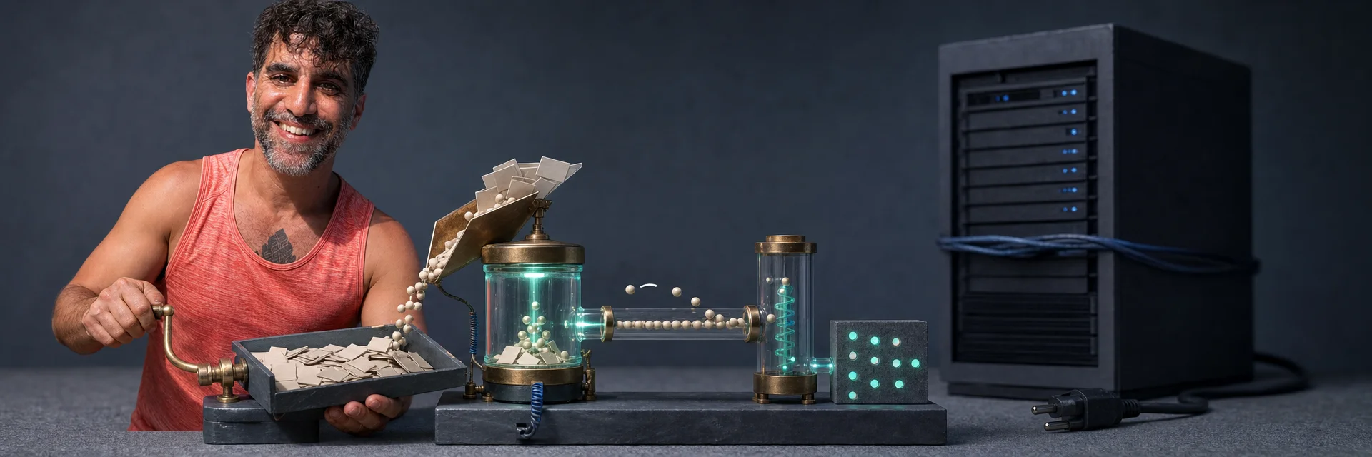 Editorial illustration for „Fast NLP Model Pretraining With VAMPIRE“: A compact nocturnal learning engine drawing useful domain signal from a modest local corpus while a giant distant machine remains unnecessary.