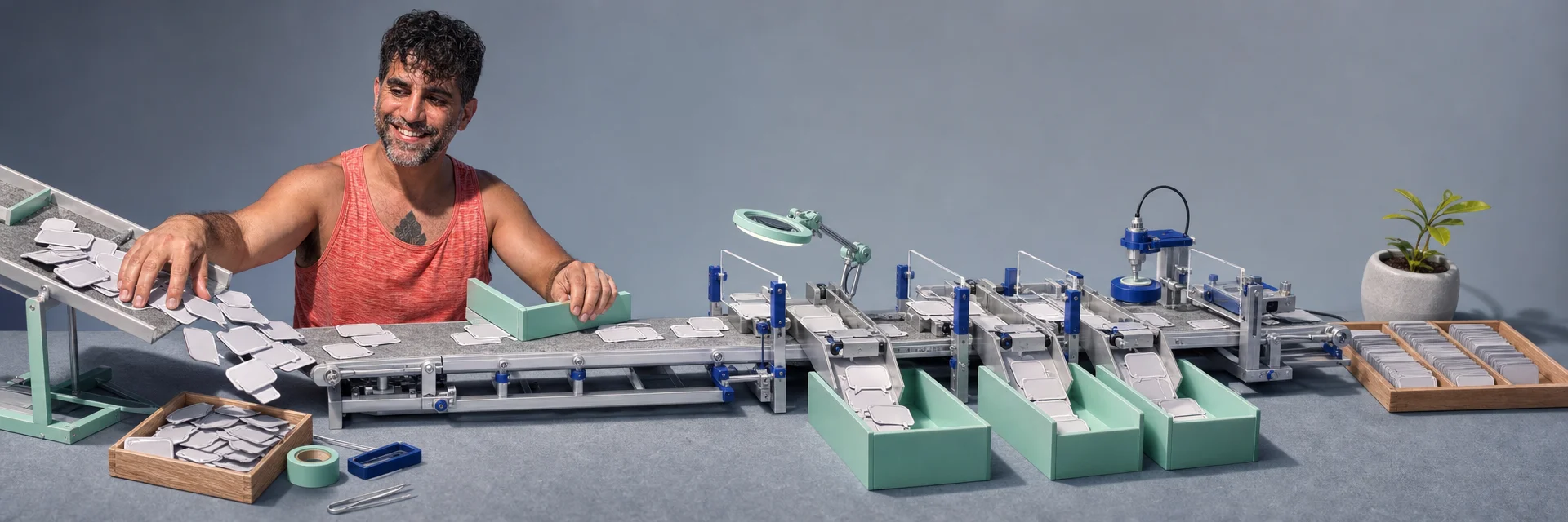 Editorial illustration for „How to Label Data“: A careful workshop assembly line turning raw language into dependable labeled material through seven visible stations, with objects and gestures but no text.