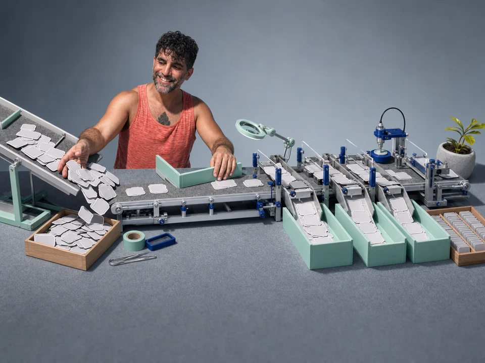Editorial illustration for „How to Label Data“: A careful workshop assembly line turning raw language into dependable labeled material through seven visible stations, with objects and gestures but no text.