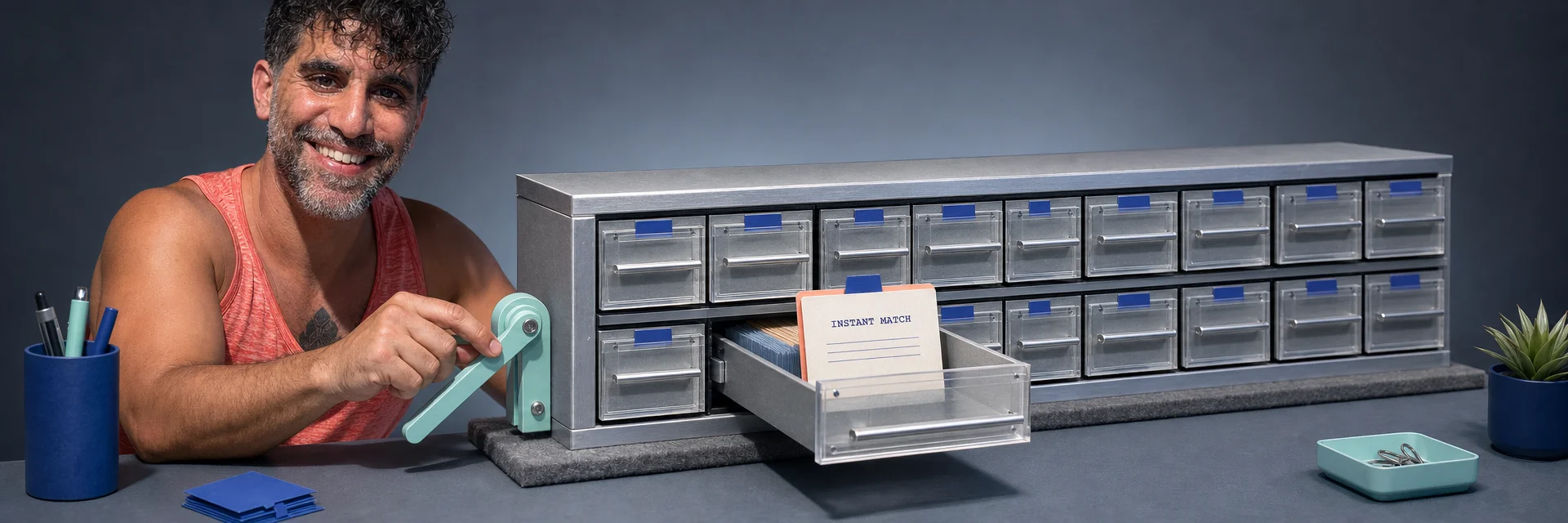 Editorial illustration for „The Joy of IndexedDB for NLP“: A browser-sized cabinet instantly revealing the right document from a dense private archive, celebrating local search with a slightly mischievous physical metaphor.