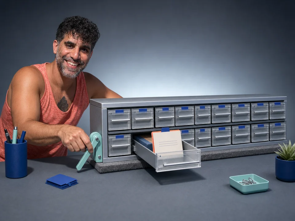Editorial illustration for „The Joy of IndexedDB for NLP“: A browser-sized cabinet instantly revealing the right document from a dense private archive, celebrating local search with a slightly mischievous physical metaphor.