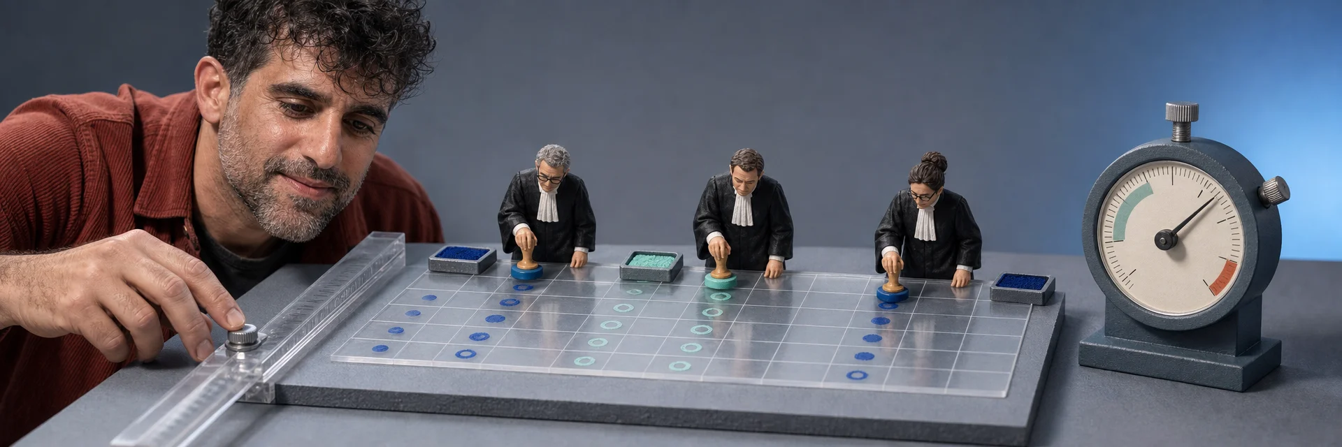 Editorial illustration for „Simpledorff: Krippendorff's Alpha on DataFrames“: Several judges place marks onto a shared translucent grid while one calm measuring instrument evaluates agreement without pretending disagreement disappears.