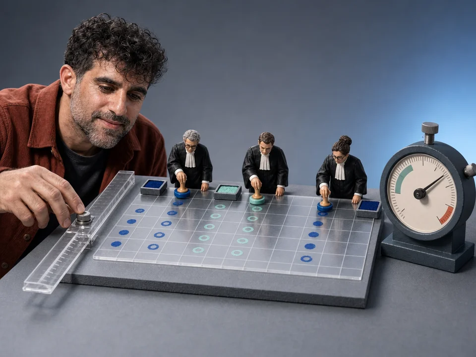 Editorial illustration for „Simpledorff: Krippendorff's Alpha on DataFrames“: Several judges place marks onto a shared translucent grid while one calm measuring instrument evaluates agreement without pretending disagreement disappears.