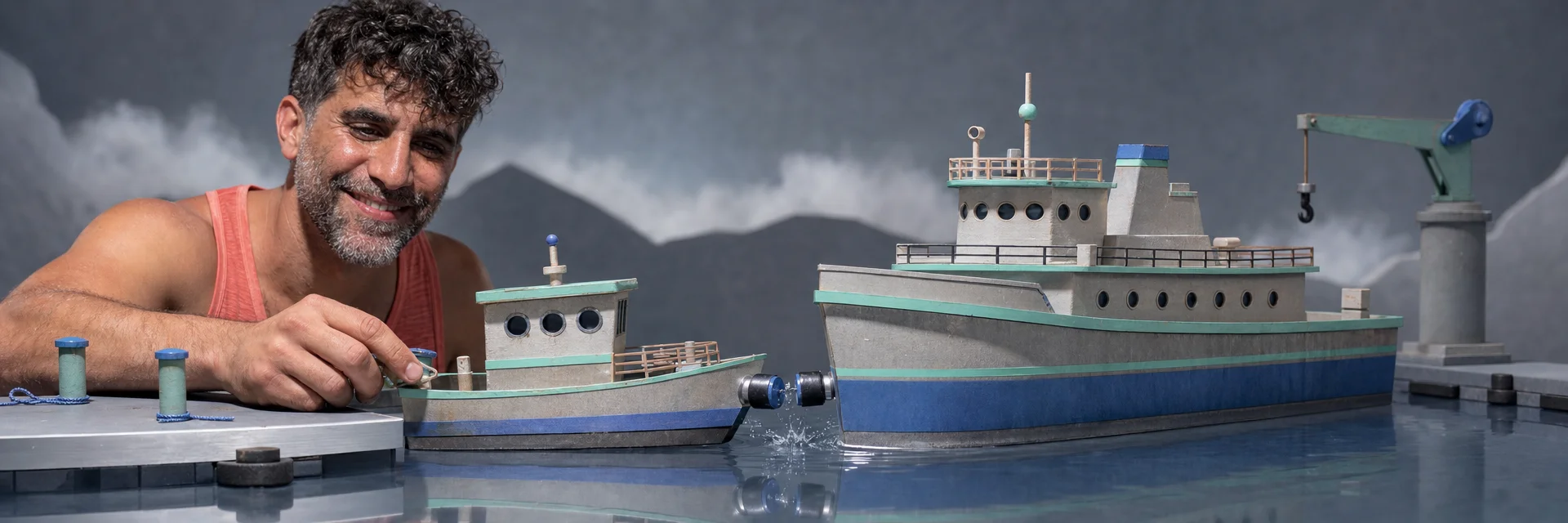 Editorial illustration for „LightTag Has Been Acquired by Primer.ai“: A small hand-built LightTag vessel docking cleanly with a larger Primer vessel while retaining its distinct silhouette; celebratory but restrained and logo-free.