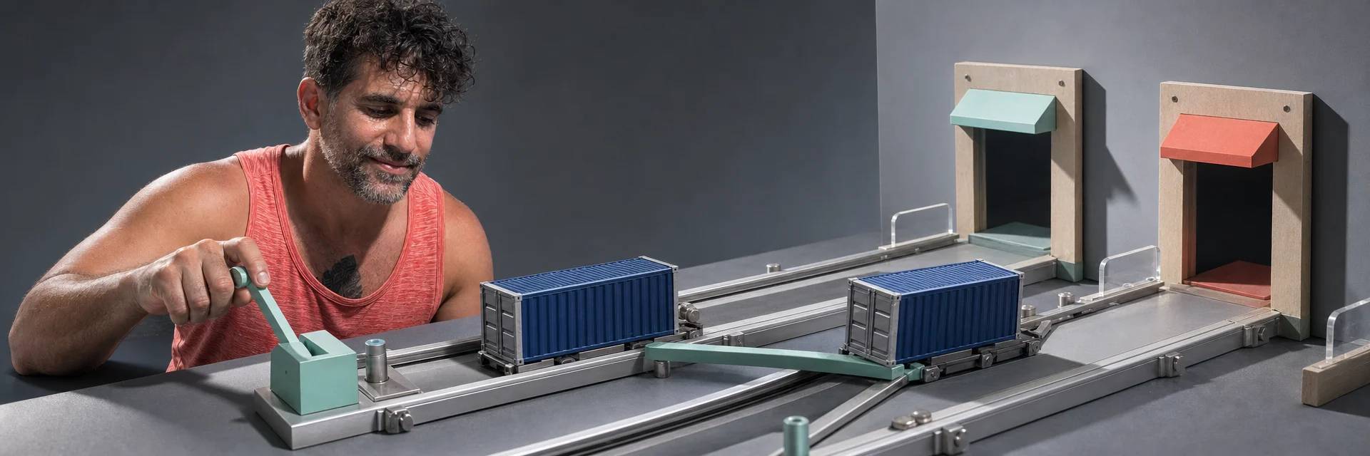 Editorial illustration for „Bug Postmortem: Wrong Image Deployed on Docker Swarm“: Two nearly identical shipping containers cross on a deployment conveyor and one reaches the wrong customer door, a precise visual postmortem with one red anomaly.