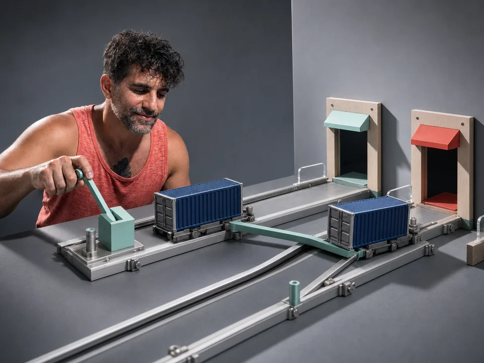 Editorial illustration for „Bug Postmortem: Wrong Image Deployed on Docker Swarm“: Two nearly identical shipping containers cross on a deployment conveyor and one reaches the wrong customer door, a precise visual postmortem with one red anomaly.