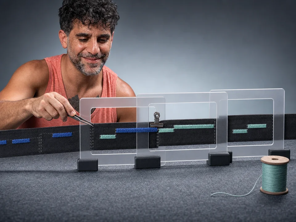 Editorial illustration for „Sequence Labeling With Transformers“: Long annotated fabric is divided into overlapping transformer-sized frames while every marked span stays aligned to its original coordinates.