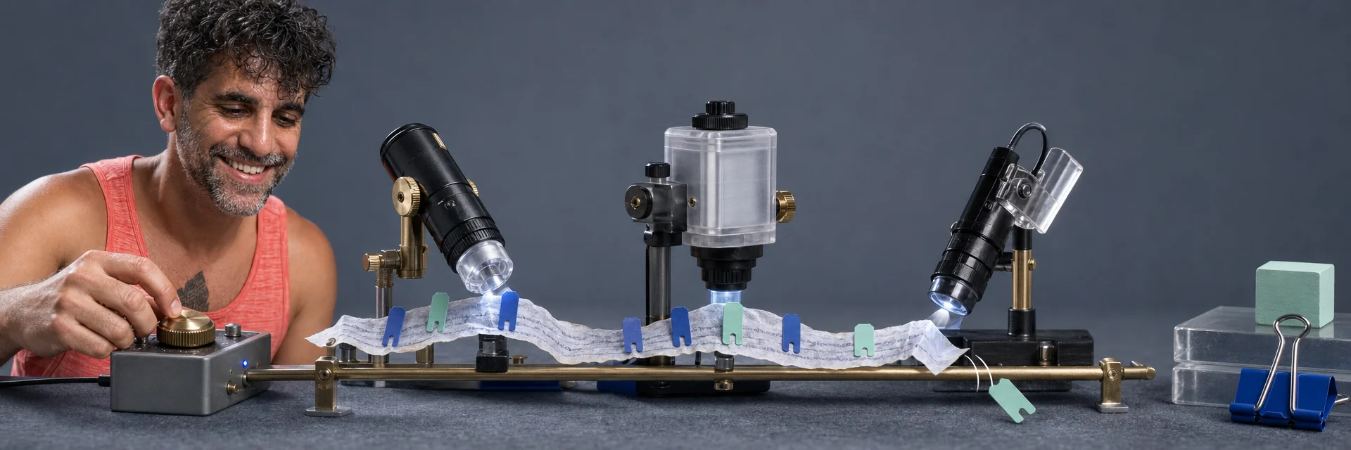 Editorial illustration for „Which Open-Source NER Model Is Best? Comparing CoreNLP, spaCy, and Flair“: Three distinct field instruments inspect the same messy language specimen and disagree in revealing ways, emphasizing practical comparison over a winner podium.