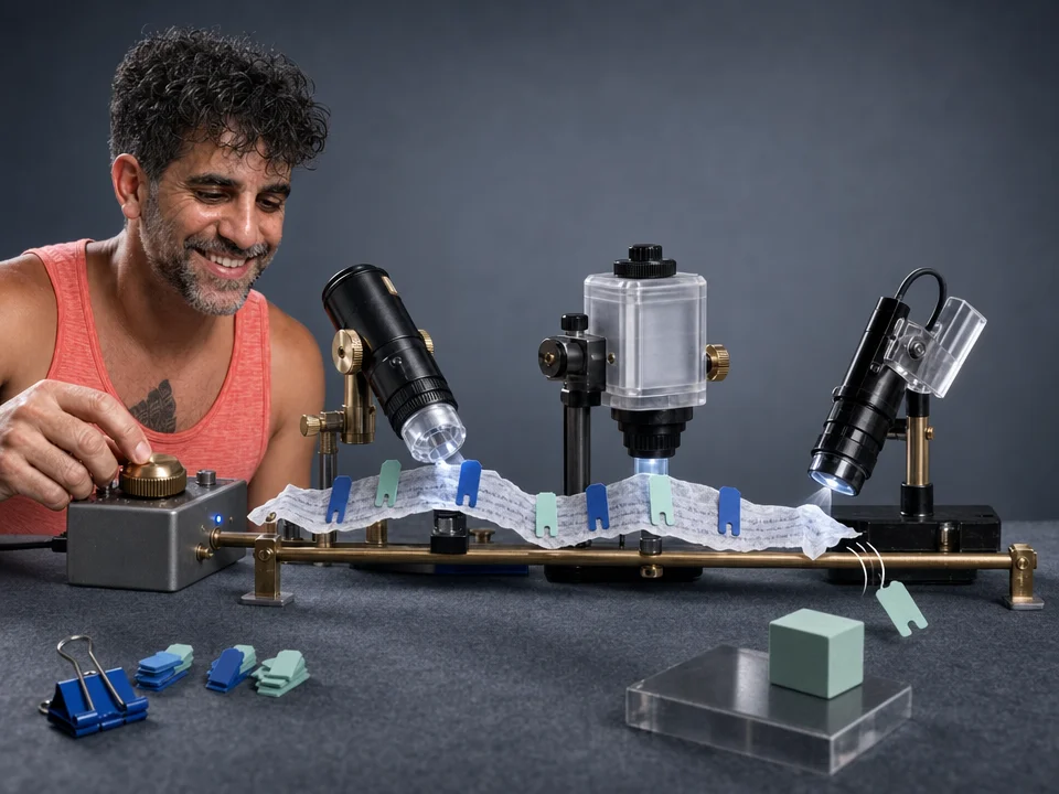 Editorial illustration for „Which Open-Source NER Model Is Best? Comparing CoreNLP, spaCy, and Flair“: Three distinct field instruments inspect the same messy language specimen and disagree in revealing ways, emphasizing practical comparison over a winner podium.
