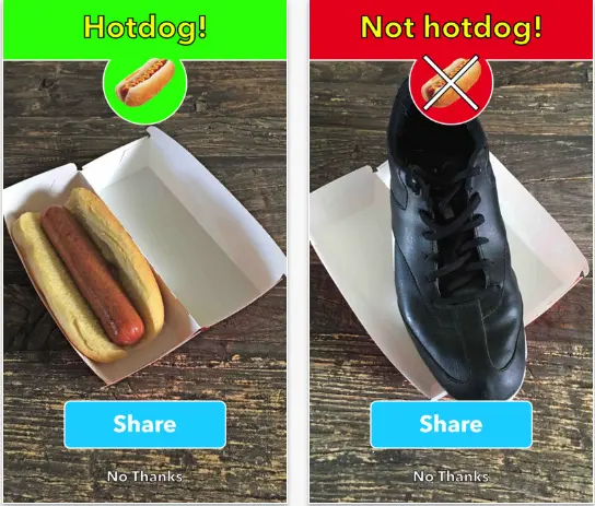 Hotdog classifier app comparing hotdog and shoe photos